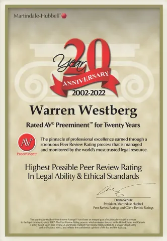 Martindale-Hubbell 20 Year Anniversary, AV Preeminent 2002–2022, Warren Westberg